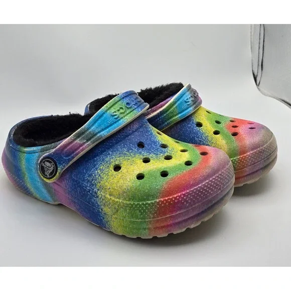 Crocs Kids Classic Lined Clog Rainbow Tie Dye Fur Slip On Shoes Size C10 - Picture 2 of 8